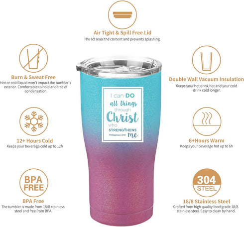Philippians 4:13 Tumbler, Stainless Steel Insulated Cup - Christian Gifts for Women (20 Oz, Purple Teal)