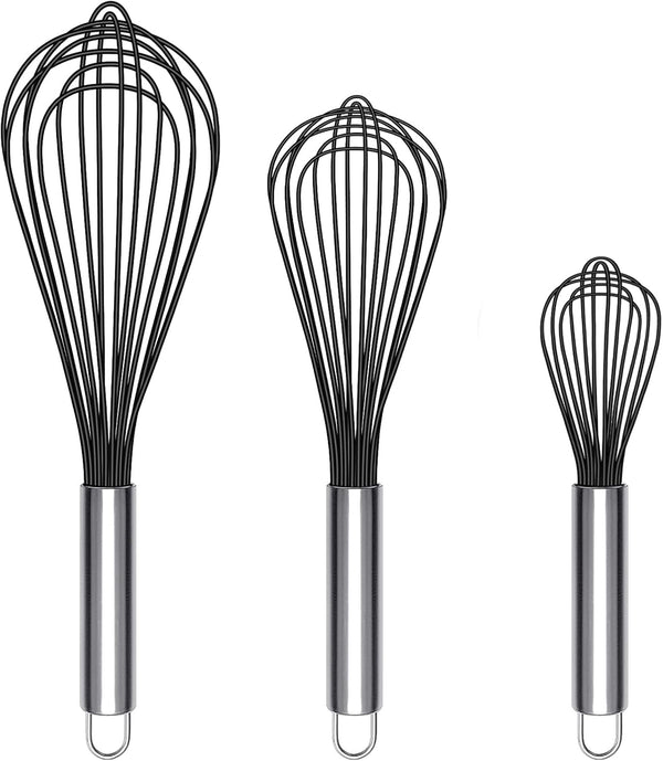 Silicone Whisk Set of 3, Heat Resistant, Stainless Steel Wire, Non-Scratch, Black, for Blending, Whisking, Stirring