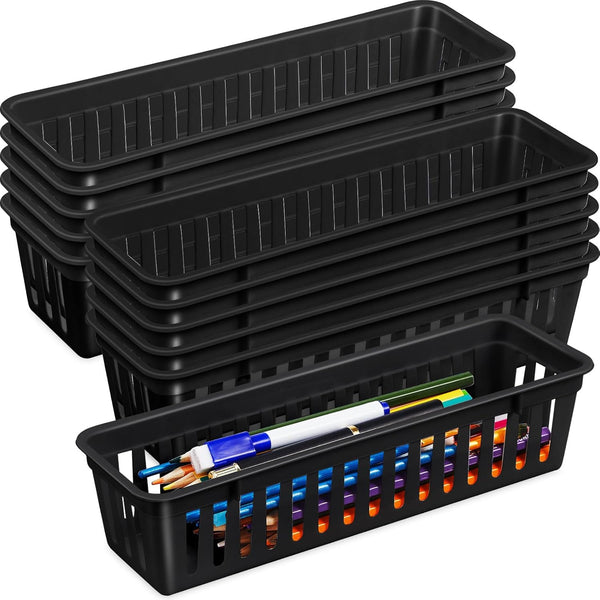 Domensi 12 Pack Black Slim Plastic Storage Baskets Tray for Organizing Small Classroom Storage, Stackable Drawer Pencil