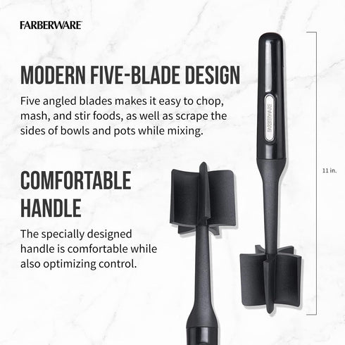 FARBERWARE Nylon Meat & Potato Masher, Heat-Resistant Kitchen Tool, 10-Inch Durable with Ergonomic Handle, Black