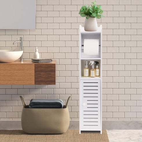 ShellKingdom Toilet Paper Holder Stand with Rods, Small Bathroom Storage Cabinet with Doors and Shelves, Slim Storage