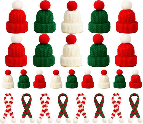 Bonviv 30 Pcs Mini Christmas Hats and Scarf Set Small Santa Hats for
