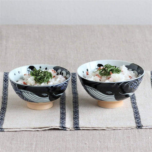 Minoru Touki White Wave Whale Blue Ceramic Rice Bowl, Small Set of 2 f4.4×H2.4in 11.29oz