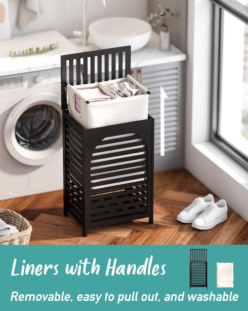 Black Laundry Hamper with Lid, 22.5 Gallon (85L) Bamboo Wood Clothes Basket, Removable Liner and Handles