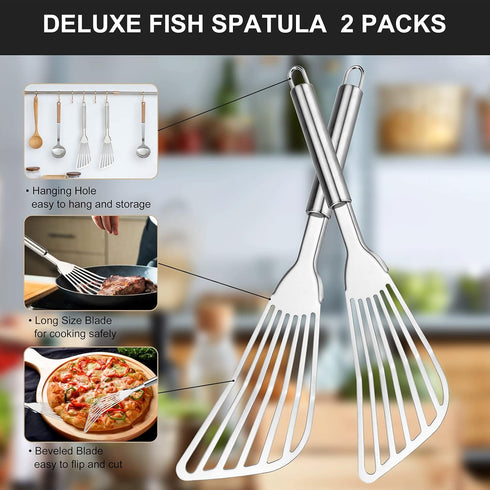 2-Piece Premium Fish Spatula Set, Big Size Stainless Steel Turner for Cooking, Flipping, Frying, and Grilling