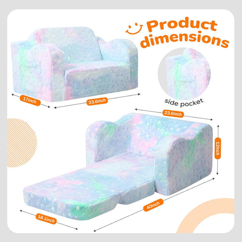 2-in-1 MeMoreCool Glowing Pastel Rainbow Kids Chair, Foldable Kids Couch and Kids Sofa for Playroom Nursery, Soft Foam