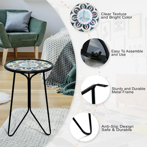 Table,12" LIFFY Outdoor Side Indoor Small Round Glass Tabletop Accent Table with Metal Frame, Home Decorative Plant