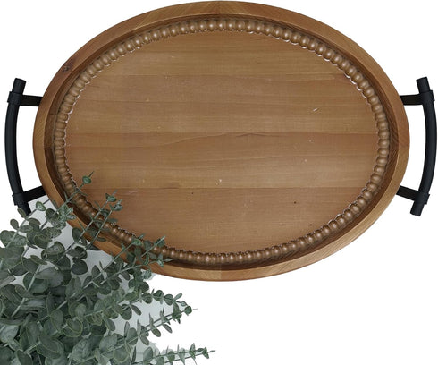 Oval Rustic Wooden Decorative Tray, Serving Tray with Metal Handles, Ottoman Coffee Table Tray, Farmhouse Centerpiece