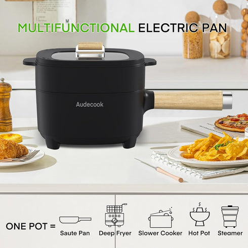 Audecook Hot Pot Electric 2L - Ceramic Glaze Non-Stick Frying Pan, Portable Cooker for Ramen, Steak, Fried Rice, with