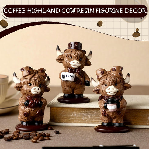 Foilswirl 3 Pcs Coffee Highland Cow Figurines for Book Shelf Desk Decor, Highland Cows Themed Gifts Resin Statue Cow