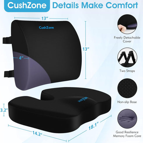 CushZone Ergonomic Seat Cushion & Lumbar Support Pillow - Memory Foam for Sciatica Pain Relief & Posture Correction