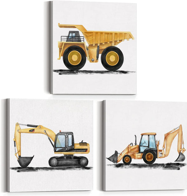 Yuzi-n Set of 3 Construction Nursery Vehicle Framed Wall Art Decor Watercolor Dump