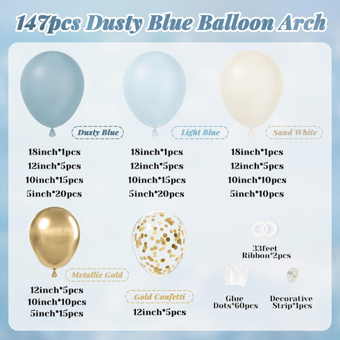 147pcs Dusty Blue Balloon Garland Arch Kit, Light Baby Blue Sand White Metallic Gold Confetti for Birthday Wedding