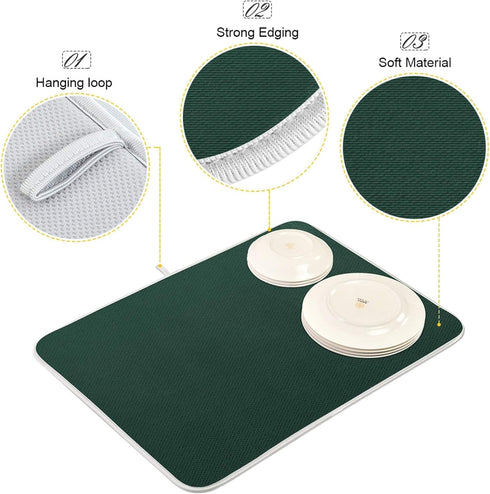 Qilmy Countertop, 16 18 Inch Hunter Green Dish Drying Mats Tableware Absorption Water Mat Home Decor Drying Pad