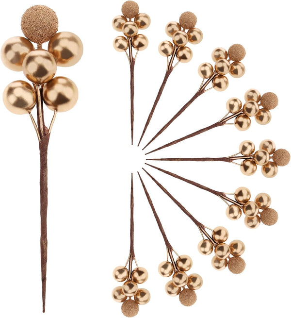 Meiwlong 10pcs Glitter Fake Artificial Gold Berries Picks Christmas Tree Decorations Foam Flower