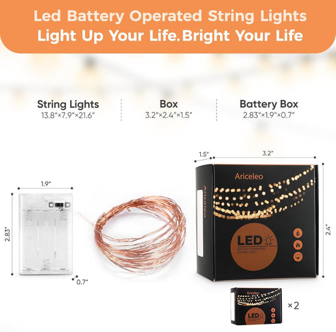 2 Pack 16.4ft 50 Ariceleo Battery Operated String Lights with Timer, Multi Color with Synchronized Twinkle Mode, Fairy