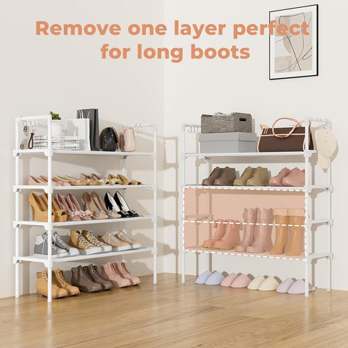 4 Closet 5 LANTEFUL Tier Shoe Rack for Shoe Organizer with Hooks, Long Shoe Shelf Storage for Shoe and Boot Stackable