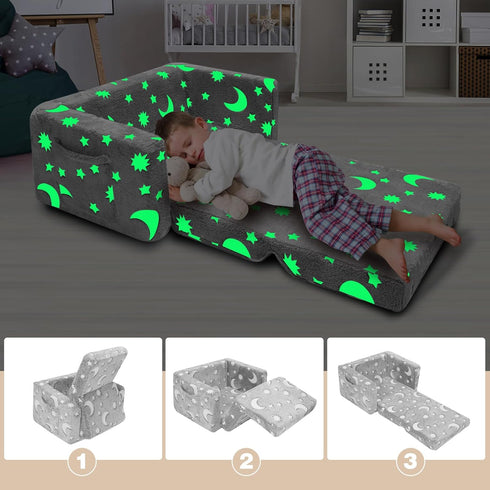 SLIGUY Kids Chair, Toddler Couch, Fold Out Sofa Chair, Toddlers Convertible Sofa to Lounger Pull Out Couch, Glow in The