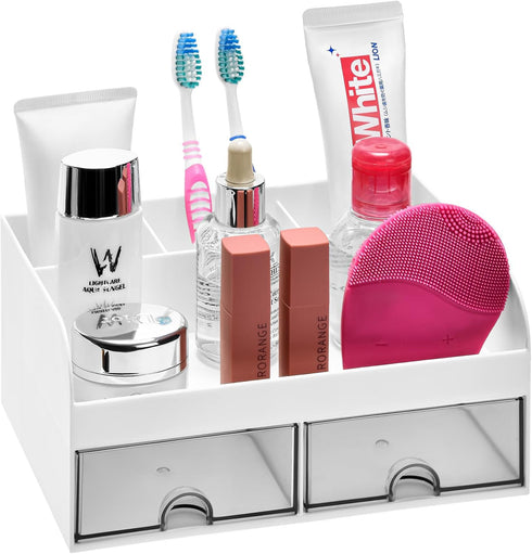 VITVITI Toothbrush Holders for Bathroom Sink, 6 Slots Countertop Organizer with 2 Drawers, White Plastic