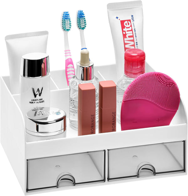 VITVITI Toothbrush Holders for Bathroom Sink, 6 Slots Countertop Organizer with 2 Drawers, White Plastic