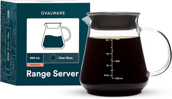 Glass Range Coffee Server for Pour Over Coffee & Tea, 600ml/20oz Ovalware Microwave Safe & Heatproof 2.5mm Thick Glass