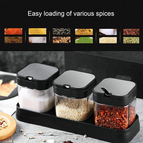 Glass Condiment Jar Spice Container Set with Lids and Spoons, Square Clear Seasoning Bowls for Kitchen Countertop