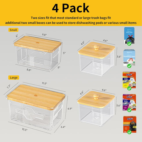 4 Pack FELIZHOUSE Trash Bag Holder with Bamboo Lid, Stackable Garbage Bag Dispenser Under Sink, Storage Organizer
