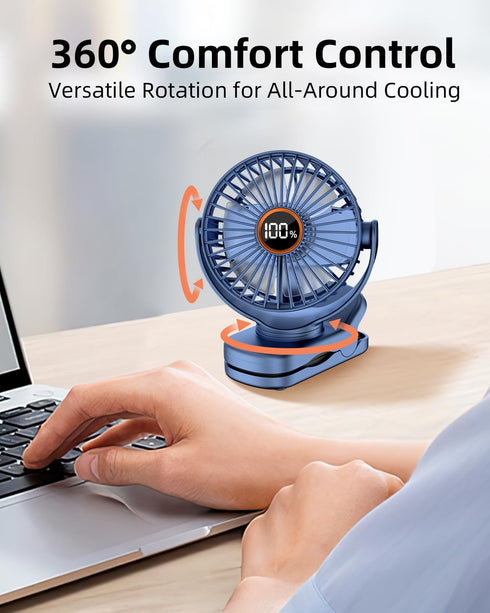 3.5" Rechargeable Clip On Fan, Small Portable Clip Fan With Strong Clamp Grip, 360 Rotation, 3-Speed & LED Display, Quiet Operating Desk Fan Ideal For Bedroom, Office, Gyms, Blue by buywoo