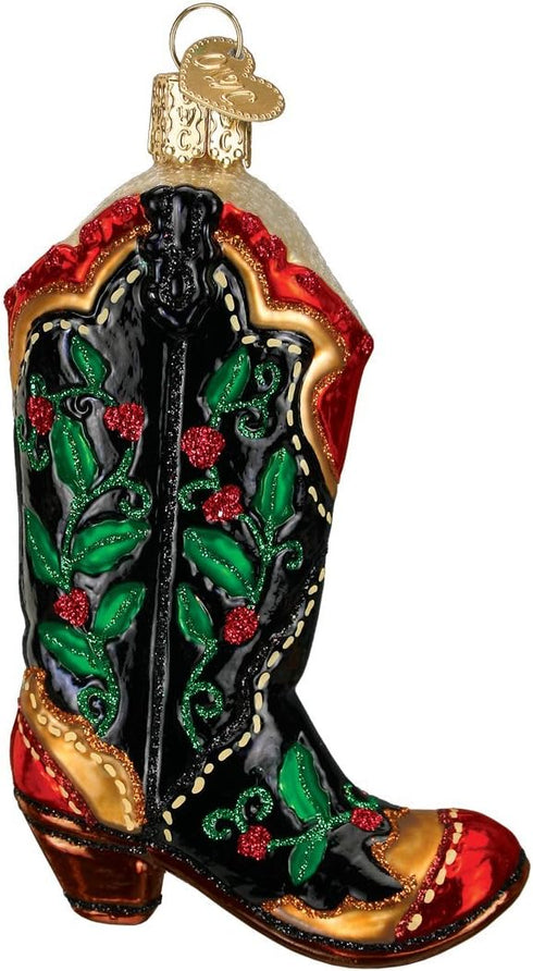 Old World Christmas Cowboy Pioneer Collection Glass Blown Ornaments, Holly Berry Cowboy Boot