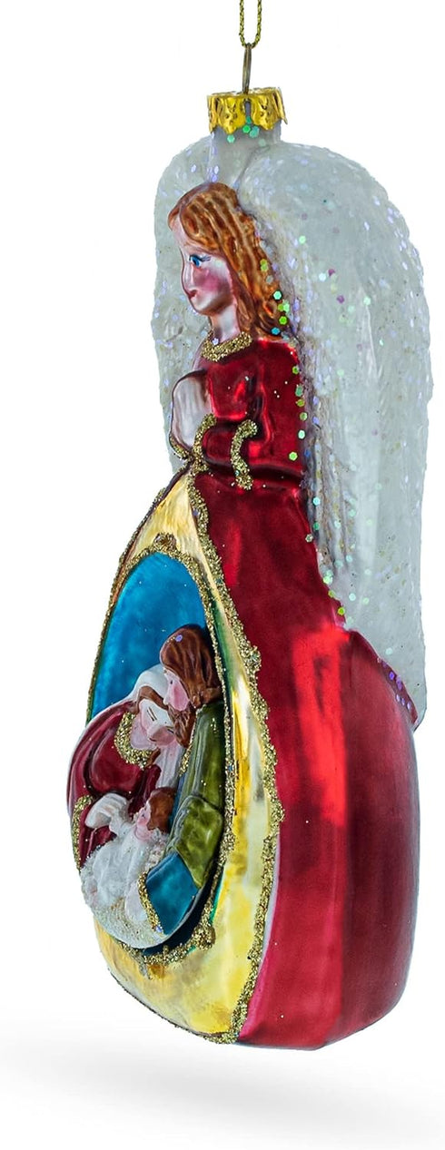Angel Above Nativity Scene Blown Glass Christmas Ornament