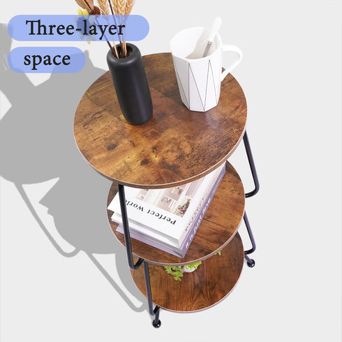 3 Small Round Side Table- Tier End Table with Storage Shelf, Slim Industrial Coffee Table for Small Spaces, Living