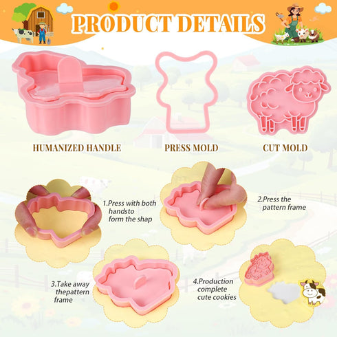 16 Pcs Farm Animal Cookie Cutters with Plunger Stamps Set, Fun 3D Animal Shape Cookie Mold for Baking Birthday