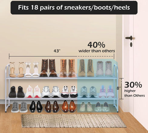 2 Closet 18-Pairs, MISSLO Tier Long Shoe Rack for Shoe Organizer Holds Wide Low Stackable Shoe Storage Shelf