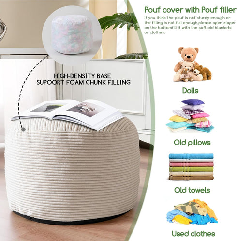 26 18 HIGOGOGO Round Stuffed Pouf Ottoman, Corduroy Poufs with Foam Chunk Filling, Corduroy Pouf Foot Stool Storage