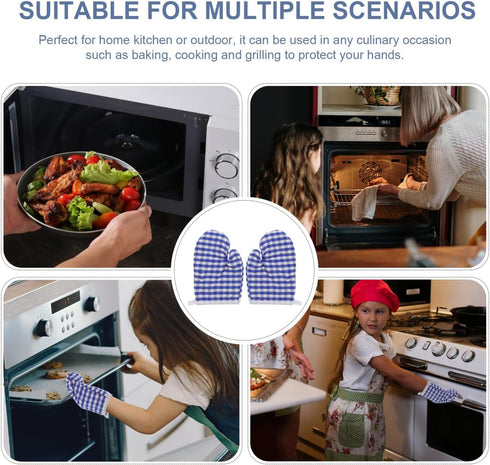 2Pcs Oven Mitts for Play Kitchen, Microwave Oven Gloves Kitchen Baking Mitts, Red Checkered s for Safe Backing Cooking