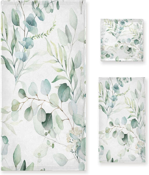 YOCIBIUT 3 Piece Sage Green Eucalyptus Bath Towels Set,Microfiber Absorbent Vintage Watercolor Leaves