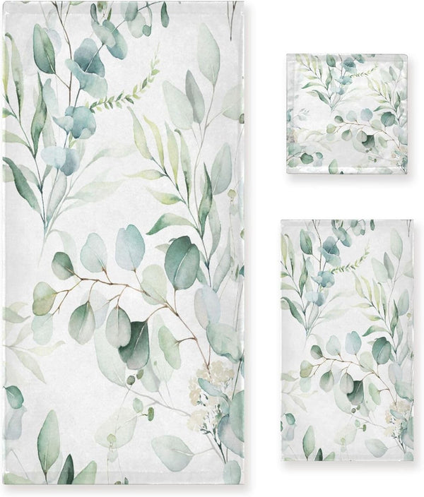 YOCIBIUT 3 Piece Sage Green Eucalyptus Bath Towels Set,Microfiber Absorbent Vintage Watercolor Leaves