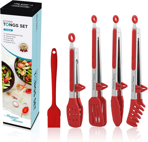Maywe Tanso 5-Pack Silicone Tongs for Cooking, 4PCS 13-Inch Nonstick Stainless Steel Tongs with Brush