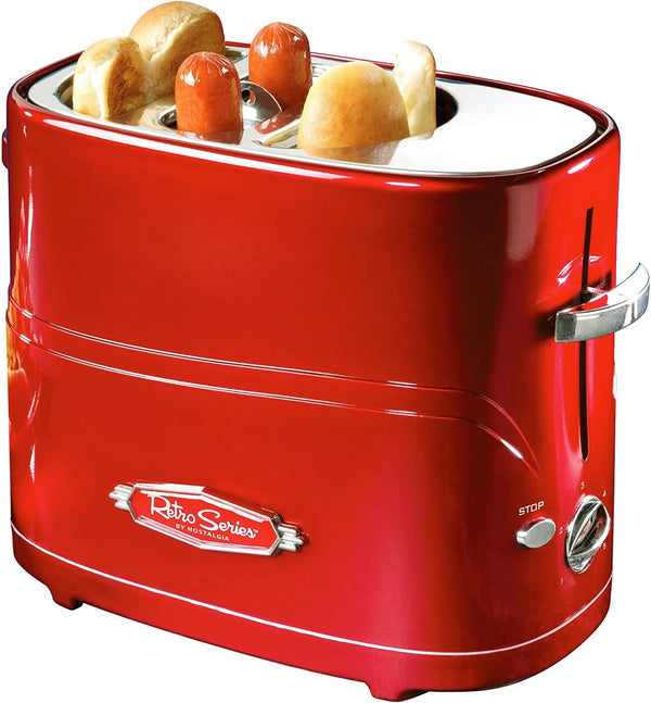Nostalgia Retro Hot Dog and Bun Toaster with Mini Tongs, 2 Slot Cooker for Chicken, Turkey, Veggie Links, Red