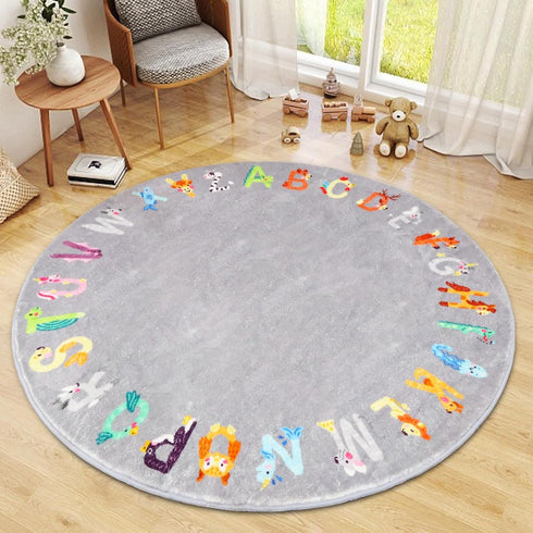 Rug,4 Round ABC Kids ft Animal Alphabet Playroom Rug,Washable Non-Slip Cute Nursery Rug for Kids Room,Educational Kid