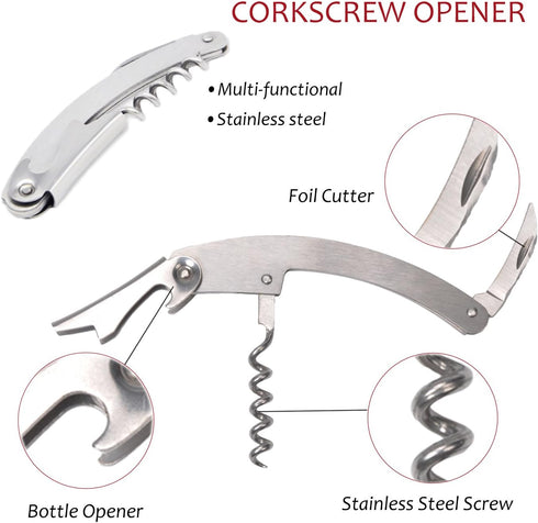 Tirrinia Wine Accessories Gift Set - Corkscrew Opener Kit, Drip Ring, Foil Cutter, Pourer & Stopper in Novelty Bottle