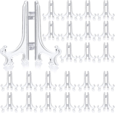 48 Pieces Mini Easel Stands Clear Plastic Plate Holder for Display Picture Frame Collectibles Desktop Weddings Party