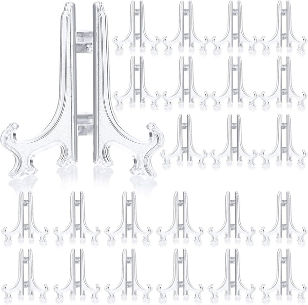 48 Pieces Mini Easel Stands Clear Plastic Plate Holder for Display Picture Frame Collectibles Desktop Weddings Party