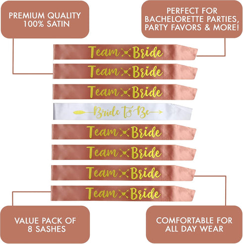 Bride to Be Team Bride Sashes, 7 + 1 Satin Sashes for Bridal Shower & Bachelorette Parties