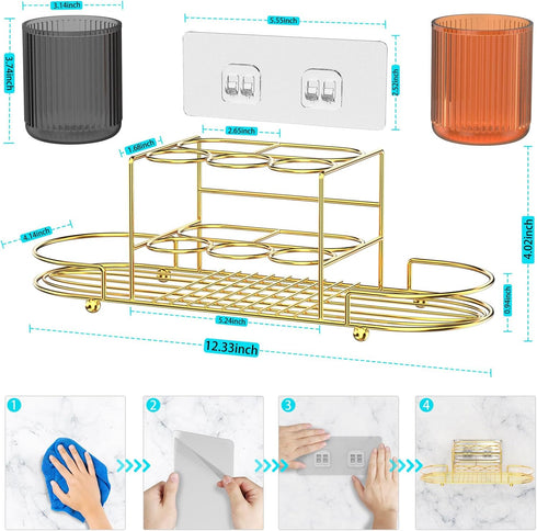 2 Toothbrush Holders with Cup - Wall Mount Electric Toothbrush Holder Gold Stainless Steel Electric Razor Holder