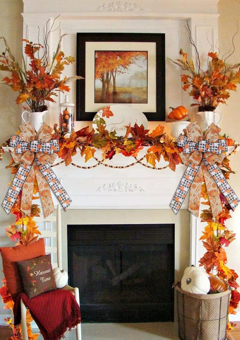 Large Fall Pumpkin Bow for Wreath, White Black Buffalo Plaid for Indoor Outdoor Decoration