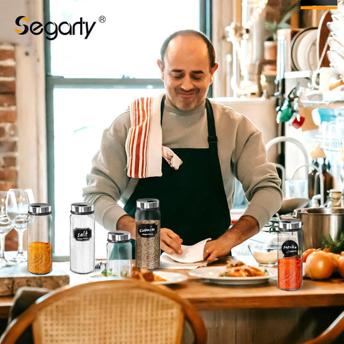 6 Pack 10 oz Set 136 1 1 Segarty Glass Spice Jars with Label, Clear Empty Spice Jar with Shaker Lids, Salt Pepper