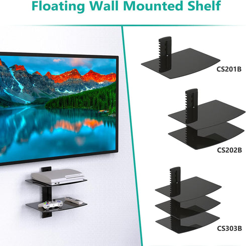 2 17.6lbs (CS202B), 2-Shelf, WALI Floating TV Shelf, Tier Glass Projector Shelf for DVD Players, Routers, Game
