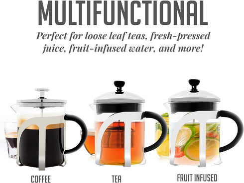 OVENTE 2-in-1 Coffee Press and Tea Maker, 20 Ounce with High Grade Stainless Steel Infuser, Borosilicate Glass, Clear