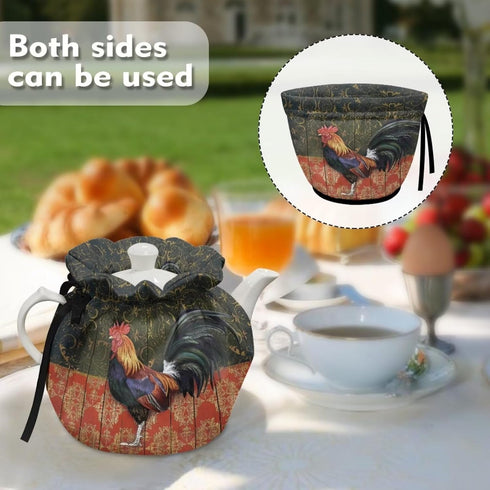 Rooster Chicken Print Tea Cozies, Floral Wood Design Portable Kettle Cover, Cotton Tea Pot Cover, Dust Proof Insulated